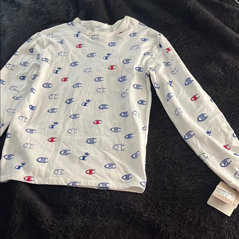 Champion White Shirt with Blue and Red Logo Pattern